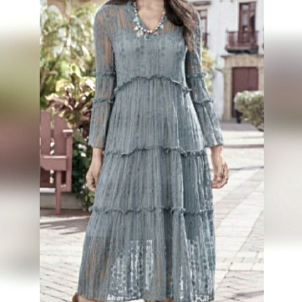 Sundance Ellery Women Dusty Blue Sheer Tiered Ruffled Lace Midi Dress, Size XS
